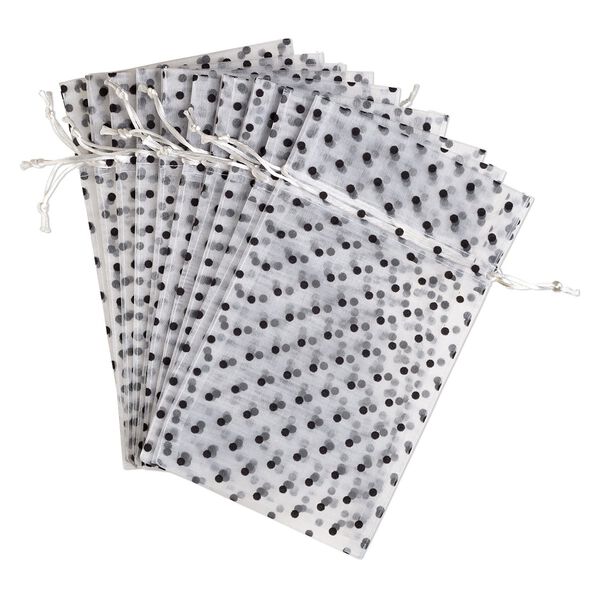 Pouch, flocked organza, white and black, 10x6 inches with dots pattern and drawstring closure. Sold per pkg of 12. image number 0
