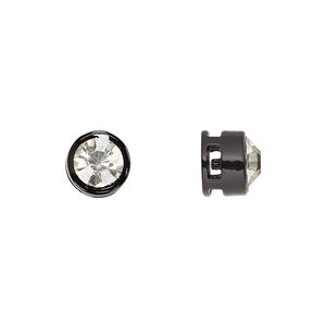 Spacer, glass rhinestone and painted "pewter" (zinc-based alloy), black and clear, 9x8mm cross-drilled round with 7mm chaton. Sold per pkg of 6.