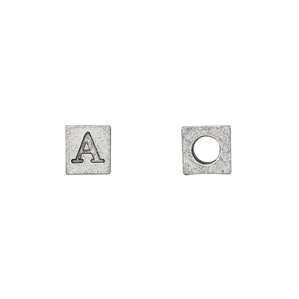 Bead, antiqued pewter (tin-based alloy), 7mm cube with Greek letter, ALPHA. Sold per pkg of 4. image number 0