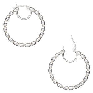 Hoop, sterling silver, 35mm beaded round with closed loop, 19 gauge. Sold per pair.