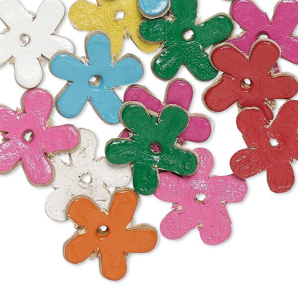 Component, leather (dyed), assorted colors, 13mm star flower. Sold per pkg of 16. image number 0