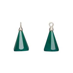 Drop, silver-plated green onyx (dyed) and electroplated sterling silver, 14x9mm-15x10mm hand-cut 3D faceted cone, Mohs hardness 6-1/2 to 7. Sold individually.