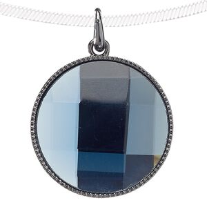 Pendant, glass and gunmetal-finished "pewter" (zinc-based alloy), light blue, 38mm flat round. Sold individually.