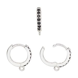 Hoop, silver-finished brass and glass, black, 15mm hoop, 17 gauge. Sold per pair.