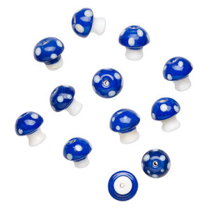 Bead, lampworked glass 1pkg12, opaque blue / white, 13x12mm 3D mushroom.