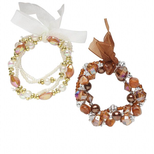 Bracelet, stretch, acrylic / glass / organza ribbon / silver- / gold-coated plastic, brown and clear, round and multi-shape, 6 inches. Sold per pkg of 7. image number 0