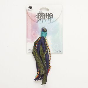 Tassel, "pewter" (zinc-based alloy) / steel / cotton, pkg/1, antique silver- and gold finish, multicolored, 4 inches.