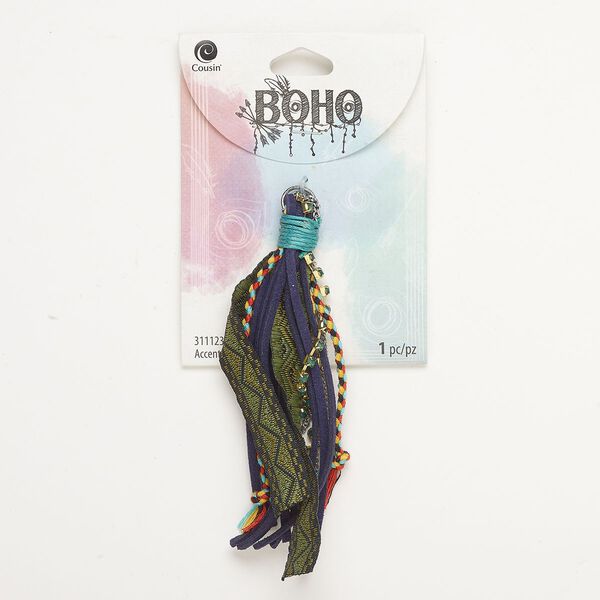 Tassel, "pewter" (zinc-based alloy) / steel / cotton, pkg/1, antique silver- and gold finish, multicolored, 4 inches. image number 0