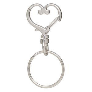 Key ring, imitation rhodium-finished brass and steel, 56x25.5mm overall with 24x21.5mm self-closing heart on a swivel and 25.5mm split ring. Sold per pkg of 5.