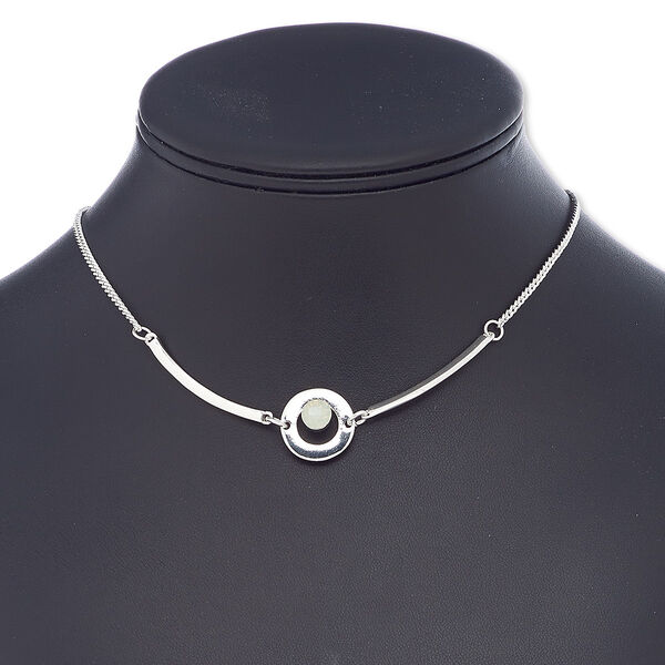 Necklace, resin rhinestone with silver-finished steel and "pewter" (zinc-based alloy), light green, 16 inches with 2-inch extender chain and lobster claw clasp. Sold individually. image number 0