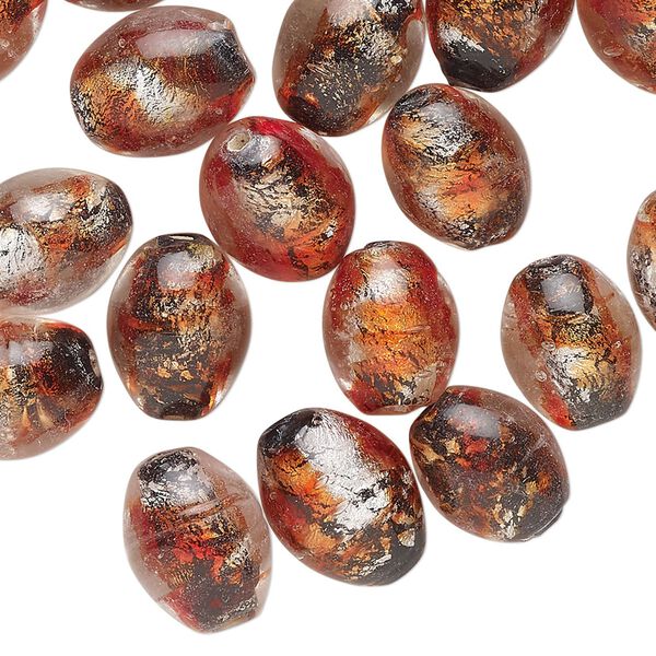 Bead, lampworked glass, translucent red-orange / black / orange, 12x9mm oval with silver-colored foil. Sold per 2-ounce pkg, approximately 40 beads. image number 0