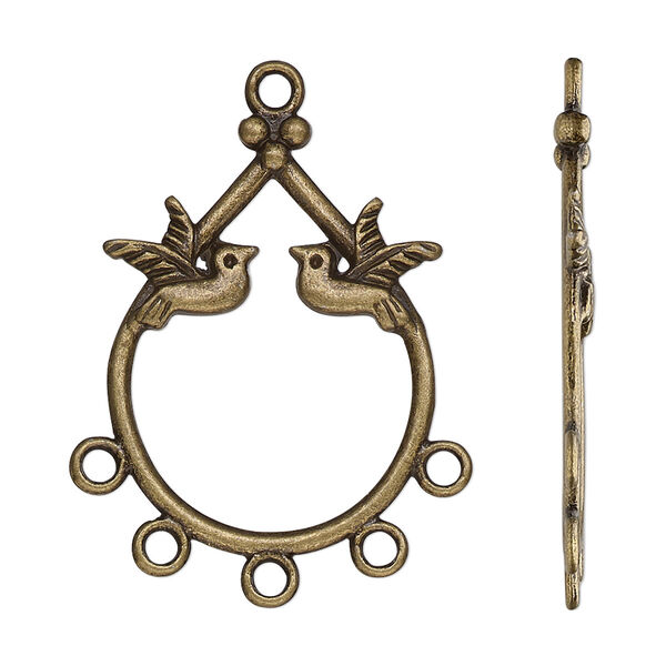 Drop, antique brass-finished "pewter" (zinc-based alloy), 29x23mm single-sided open teardrop with birds and 5 closed loops. Sold per pkg of 10. image number 0