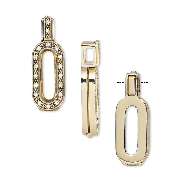 Pendant, Almost Instant Jewelry®, antique gold-finished brass / crystal / rubber, crystal clear, 34.5x12mm single-sided hinged oval with 21x7mm long classical oval setting. Sold individually. image number 0