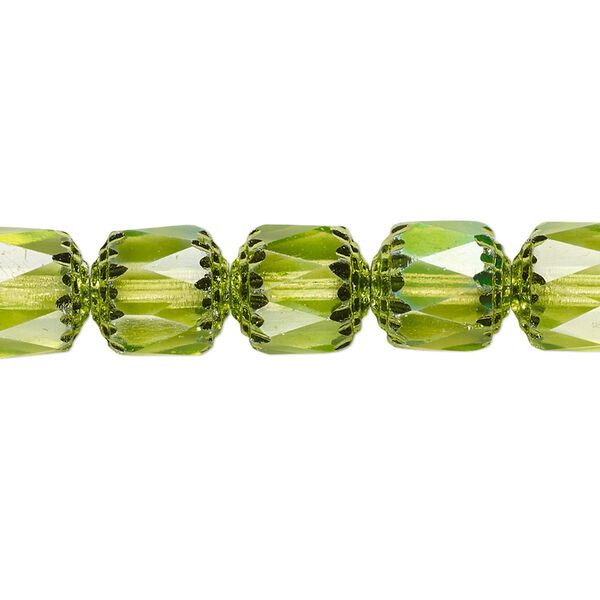 Bead, Czech dipped décor glass, lime green Apollo AB, 10mm round cathedral. Sold per 15-1/2" to 16" strand. image number 0