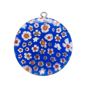 Focal 1pkg1 millefiori glass and silver-finished steel, translucent cobalt blue / white / red, 29-30mm puffed flat round.