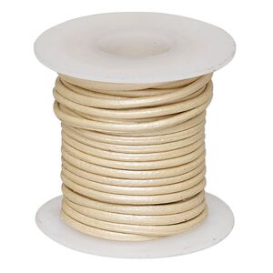 Cord, leather (coated), metallic beige, 1-1.2mm round. Sold per 5-yard spool.