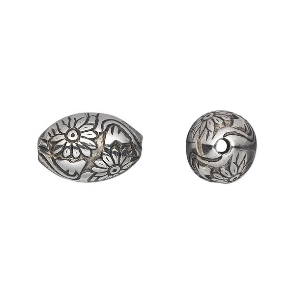 Bead, antiqued silver-finished copper-coated plastic, 16x11mm oval with flowers. Sold per 50-gram pkg, approximately 40 beads. image number 0