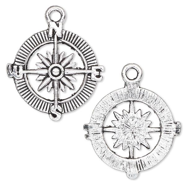 Charm, antique silver-plated "pewter" (zinc-based alloy), 25x25mm single-sided compass rose. Sold per pkg of 4. image number 0
