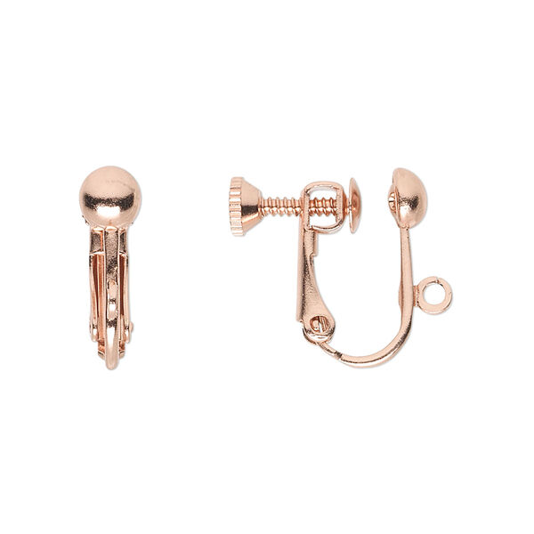 Earring, clip-on, copper-plated brass, 15mm hinged screwback with 5mm half ball and open loop. Sold per pkg of 50 pairs. image number 0