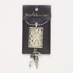 Necklace, glass / fabric / acrylic /  antique silver-finished "pewter" (zinc-based alloy) / silver-finished steel, multicolored, 80x27mm rectangle, 24 inches with lobster claw clasp. Sold individually.