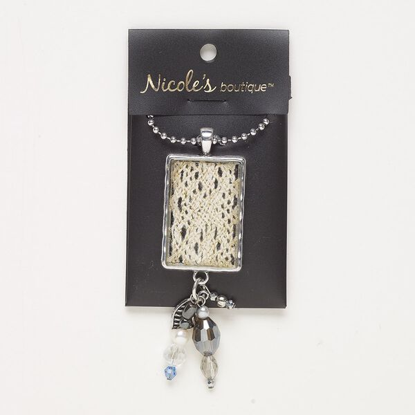 Necklace, glass / fabric / acrylic /  antique silver-finished "pewter" (zinc-based alloy) / silver-finished steel, multicolored, 80x27mm rectangle, 24 inches with lobster claw clasp. Sold individually. image number 0