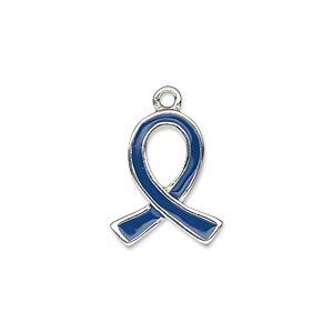 Charm, silver-plated "pewter" (zinc-based alloy) and enamel, blue, 18x15mm single-sided awareness ribbon. Sold individually.