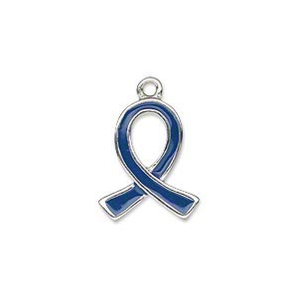 Charm, silver-plated "pewter" (zinc-based alloy) and enamel, blue, 18x15mm single-sided awareness ribbon. Sold individually. image number 0