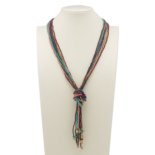 Necklace, 11-strand, glass and gold-finished steel, multicolored, 32 inches with knot. Sold individually. image number 0