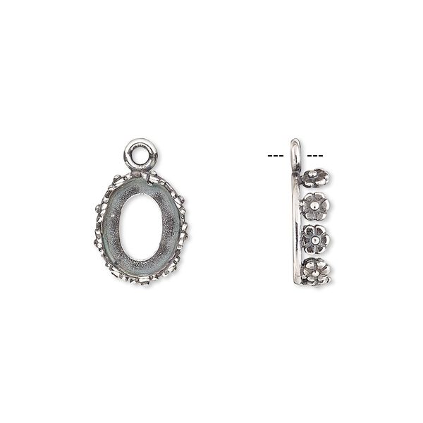 Drop, JBB Findings, antique silver-plated brass, 12x10mm oval with open back and flower design trim, 10x8mm oval bezel setting. Sold per pkg of 2. image number 0