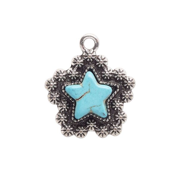 Charm, antique silver-finished "pewter" (zinc-based alloy) and "turquoise" (resin) (imitation), turquoise blue, 22mm single-sided star. Sold per pkg of 4. image number 0