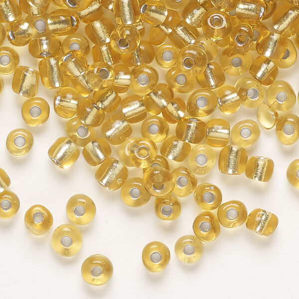 Seed bead, glass, pkg/50g, #6 round, translucent silver-lined gold. image number 0