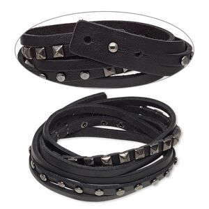 Bracelet, 3-strand wrap, leather (dyed) and gunmetal-plated "pewter" (zinc-based alloy), black, 18mm wide with square and round studs, adjustable from 7 to 7-1/2 inches with rivet clasp. Sold individually.