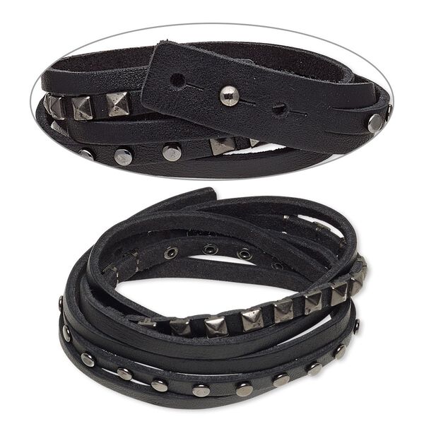 Bracelet, 3-strand wrap, leather (dyed) and gunmetal-plated "pewter" (zinc-based alloy), black, 18mm wide with square and round studs, adjustable from 7 to 7-1/2 inches with rivet clasp. Sold individually. image number 0