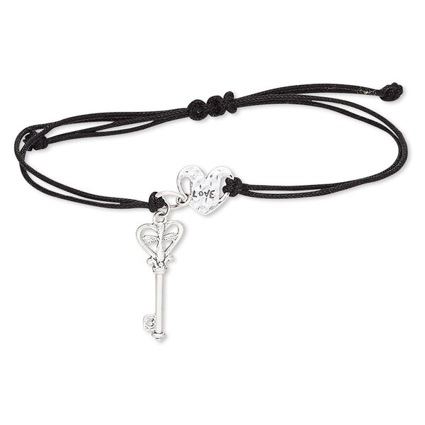Bracelet, waxed cotton cord and antiqued sterling silver, black, 9mm heart and 24x10mm key, adjustable from 6-9 inches with macramé knot closure. Sold individually. image number 0