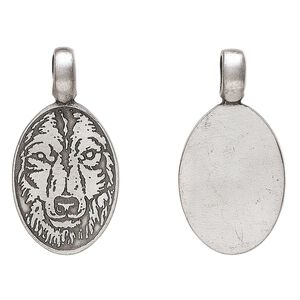 Pendant, antiqued pewter (tin-based alloy), 40x21mm oval with wolf head. Sold individually.