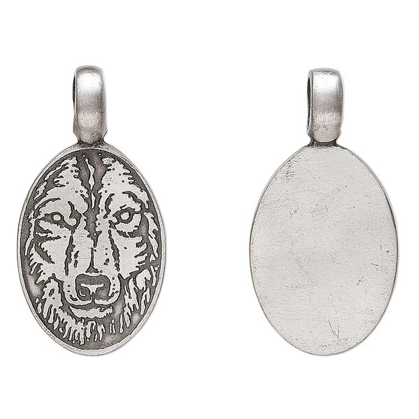 Pendant, antiqued pewter (tin-based alloy), 40x21mm oval with wolf head. Sold individually. image number 0