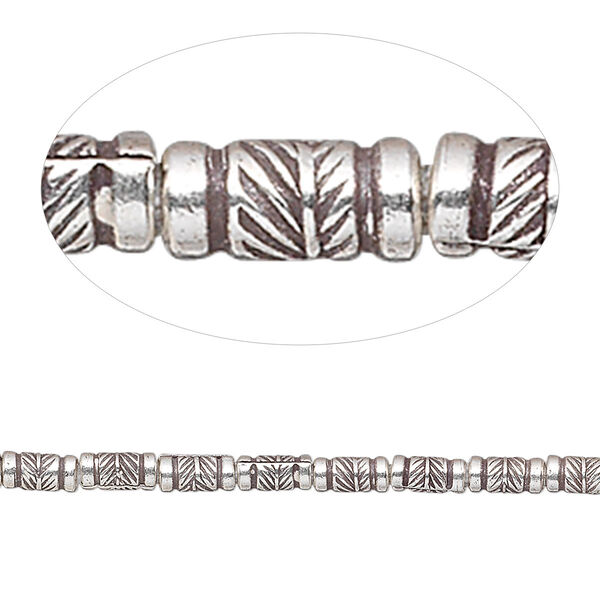 Bead, Hill Tribes, antiqued sterling silver, 5x2mm tube with leaf. Sold per 8-inch strand, approximately 35 beads. image number 0