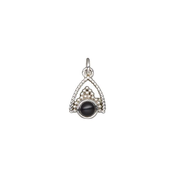 Drop, antiqued sterling silver and black onyx (dyed), 11x9mm single-sided beaded arrowhead. Sold individually. image number 0