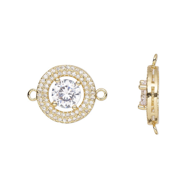 Link, cubic zirconia and gold-finished brass, clear, 14mm single-sided round. Sold individually. image number 0