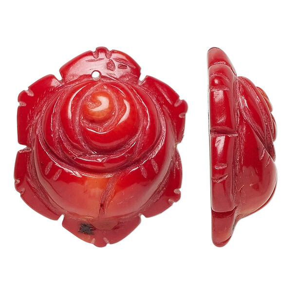 Focal, coral (dyed), red, 25x24mm-30x27mm hand-carved rose, Mohs hardness 3-1/2 to 4. Sold individually. image number 0