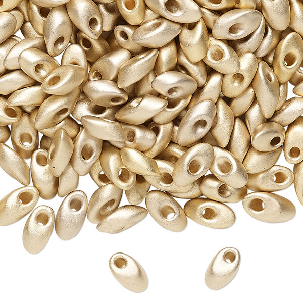 Seed bead, Miyuki, glass, pkg/250g, 7x4mm long magatama, opaque 24Kt gold-plated matte, (LMA-193F). image number 0