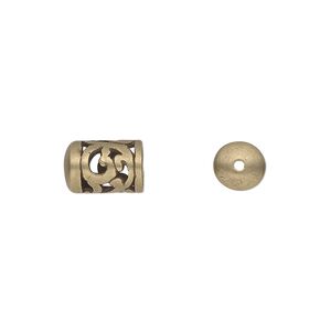 Cord end, JBB Findings, antiqued brass, 11x7mm filigree round tube, 5mm inside diameter. Sold per pkg of 2.