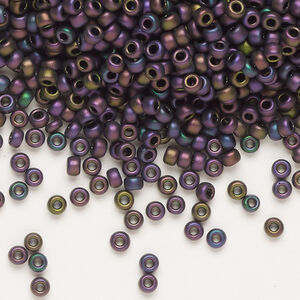 Seed bead, Miyuki, glass, 1pkg10g, #8 rocaille, opaque matte metallic iris magenta green (RR-2062)