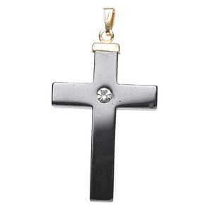 Hemalyke™ / glass rhinestone / mixed metal 1pkg4, gold- finished brass cross pendant 34x22mm