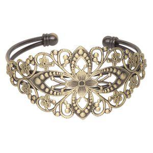 Bracelet, cuff, antique brass-plated brass, 35mm wide with filigree flower design, adjustable from 6-1/2 to 7 inches. Sold individually.