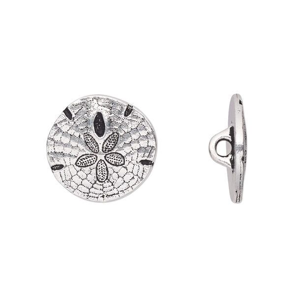 Button, TierraCast®, antique silver-plated pewter (tin-based alloy), 17mm flat round sand dollar with loop. Sold per pkg of 20. image number 0
