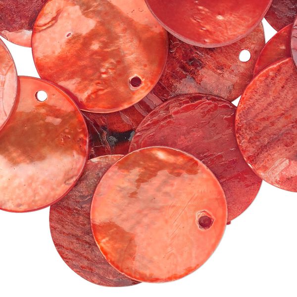 Drop, mussel shell (dyed / coated), orange, 20mm flat round. Sold per pkg of 25. image number 0