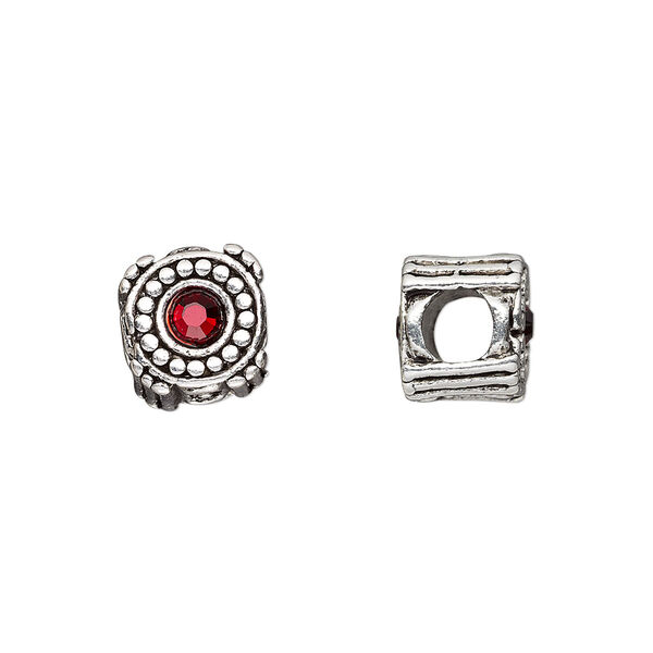 Bead, Dione®, antique silver-plated pewter (tin-based alloy) and crystal rhinestone, garnet red, 10mm double-sided round. Sold individually. image number 0