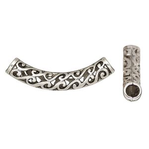 Bead, antique silver-finished "pewter" (zinc-based alloy), 52x16mm curved tube with cutout wave design. Sold per pkg of 2.