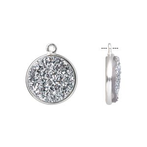 Druzy agate / sterling silver 1pkg1, electrocoated hand-cut flat round drop 15mm